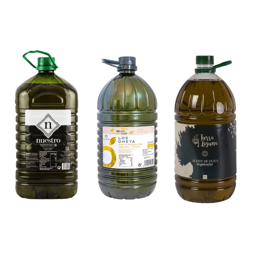Pack 3 Garrafas 5L Aceite Oliva Virgen Extra: NUESTRO, LOS OMEYA (filtrado) y TIERRA LAGUNA