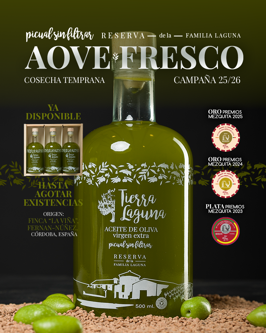 Aceite de Oliva Virgen Extra Sin Filtrar - TIERRA LAGUNA – Estuche Regalo Madera 3x500ML (2025/2026)