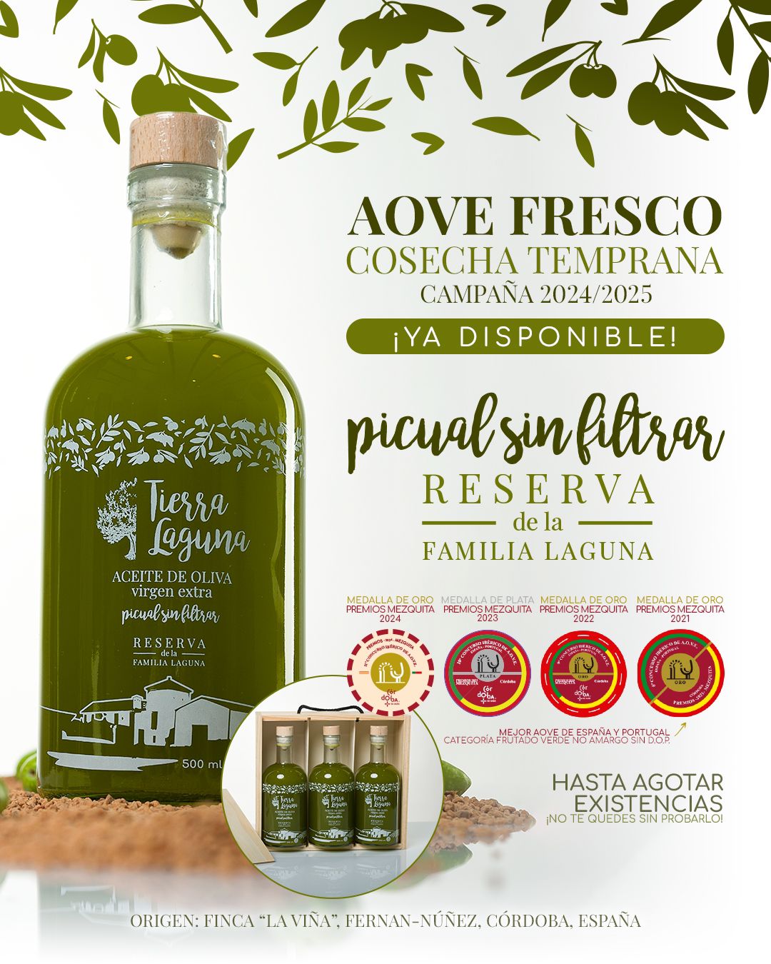 Aceite de Oliva Virgen Extra Sin Filtrar Fresco Nueva Cosecha 2024/2025 – Picual Estuche Regalo Madera 3 ud
