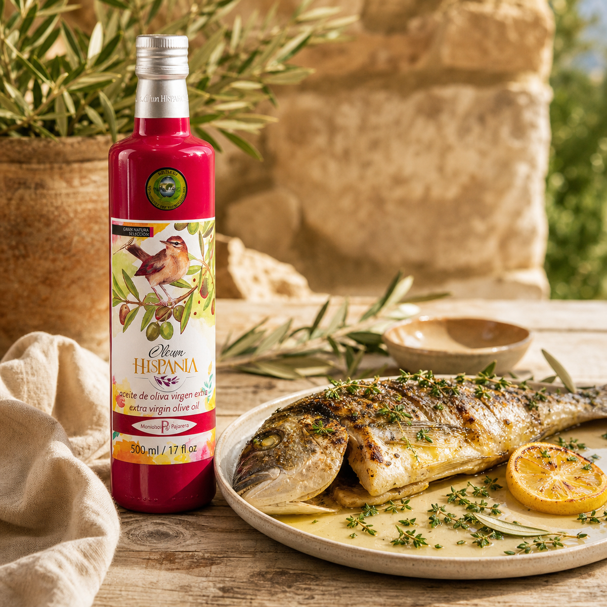 Oleum Hispania Pajarera acompañado de pescado