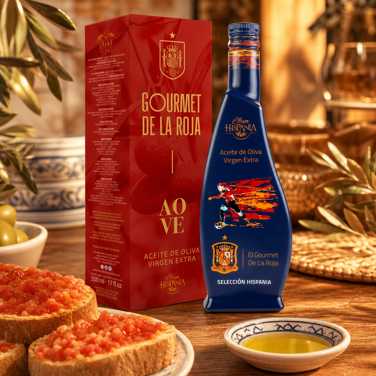 Oleum Hispania Gourmet La Roja en una mesa mediterránea