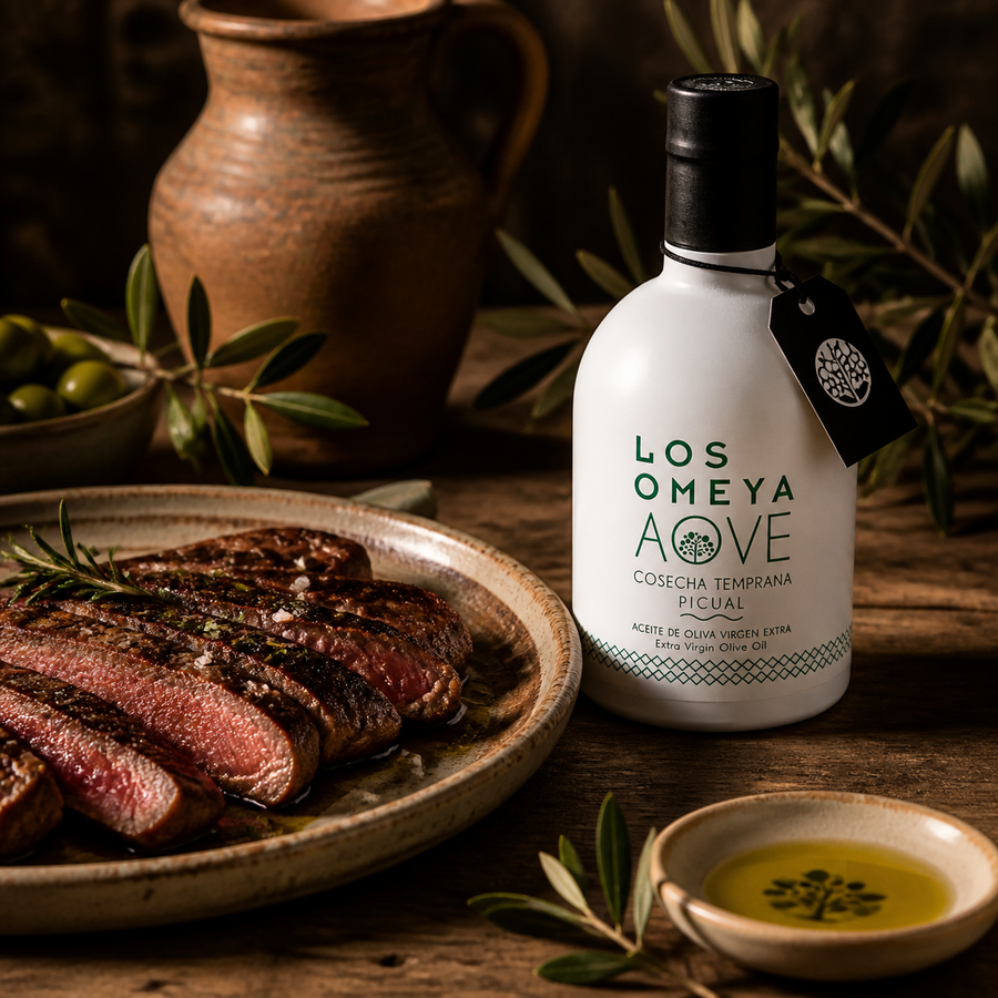 Los Omeya Picual Premium acompañado de carne